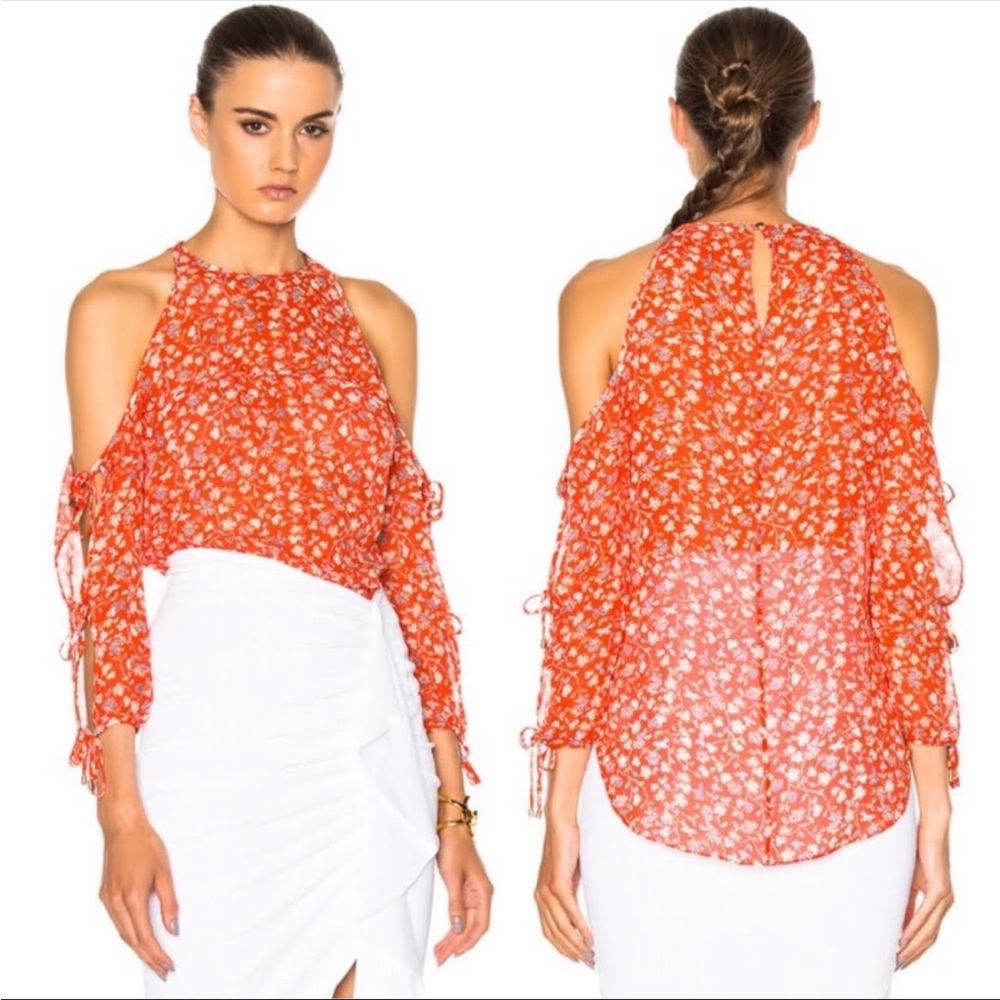 Veronica Beard 100% Silk Floral Cold Shoulder Blouse Red Tie Bow Sleeves